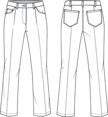 Technical fashion CAD flat sketch of classic denim jeans, front and back view, detailed pockets, waistband, belt loops, vector outline