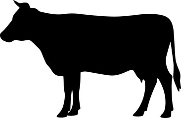 Black silhouette of a cow standing calmly on a white background
