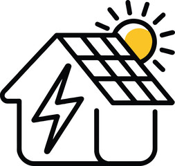 Vector art of renewable energy home with solar panel and lightning bolt icon, representing sustainable power, green technology, and ecofriendly electricity solutions