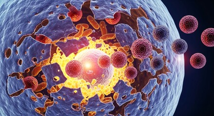 Artistic microscopic view of a diseased human cell undergoing apoptosis and destruction from a viral infection