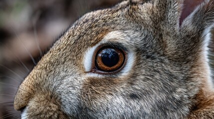 A rabbit is observed in a forest environment, sunlight filtering through the trees. Its fur is soft and detailed, and its large eye reflects the surrounding nature, revealing curiosity and alertness