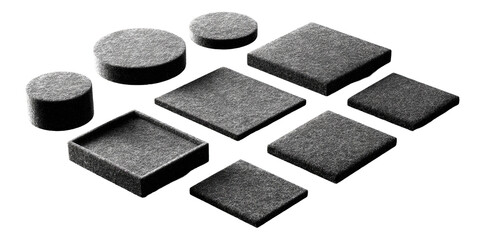 Assorted grey, padded display platforms in various shapes