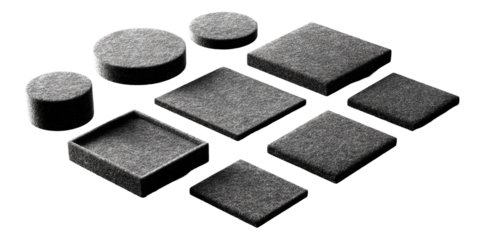 Assorted grey, padded display platforms in various shapes