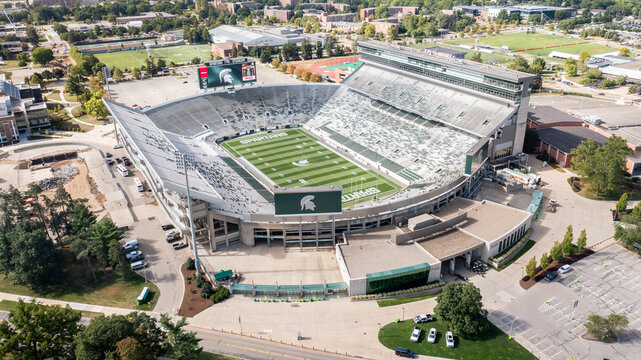East Lansing, MI, USA - August 29, 2025: An aerial view of Spartan Stadium at Michigan State University, home to the Spartans football team that compete in the NCAA Big Ten Conference.