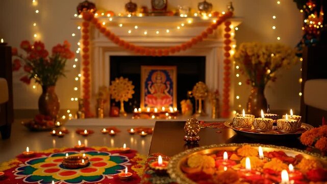 Warm and festive home interior decorated for a traditional Hindu festival of lights with glowing diyas, marigold garlands, and a colorful rangoli.