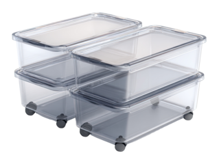 Clear plastic storage bins, stacked, on wheels