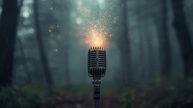 Vintage microphone stands alone in a misty forest clearing with magical light creating an ethereal scene perfect for music album covers and fantasy art projects - Powered by Adobe