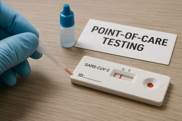 Close-up of a point-of-care rapid test for viruses with a hand using a pipette to add a blood sample