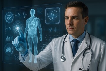 A doctor interacting with a futuristic medical interface, analyzing a virtual human body