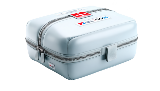 Light blue rectangular case with a zipper and medical symbols