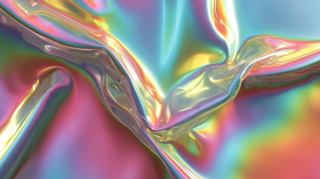 Holographic texture background with neon and pastel gradient colors. Soft waves of color silk, foil, paint, oil, Abstract fluid iridescent folds