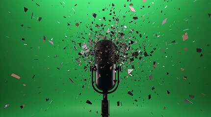 Vintage microphone shatters dramatically against a vibrant green screen backdrop creating a powerful visual effect perfect for music or performance related projects