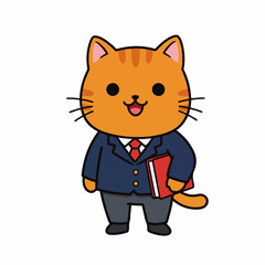 Charming cartoon tabby cat businessman confidently holding a red book ready for knowledge.