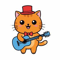 Adorable cartoon cat with red top hat and bowtie plays blue guitar joyfully