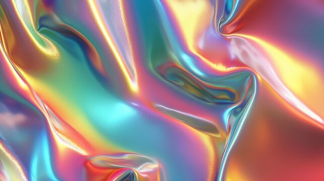 Holographic texture background with neon and pastel gradient colors. Soft waves of color silk, foil, paint, oil, Abstract fluid iridescent folds