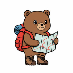 Adorable cartoon bear adventurer with backpack studying a map, ready for outdoor exploration