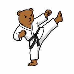 Fierce bear in martial arts uniform executes a dynamic high kick with focused determination