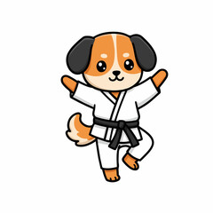 Cute cartoon puppy in karate gi practicing martial arts with joyful energy and focus