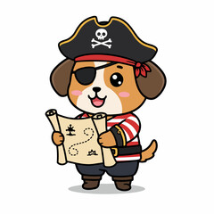Adorable pirate dog excitedly studying a treasure map, ready for adventure and discovery.