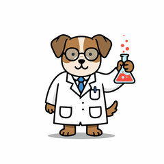 Adorable cartoon dog scientist in lab coat holding beaker with red liquid, perfect for science education and fun.