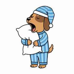 Adorable sleepy dog in pajamas hugs pillow ready for bed, feeling tired and cozy
