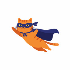 Joyful ginger tabby cat soars through air as superhero, cape flowing dynamically, ready for adventure