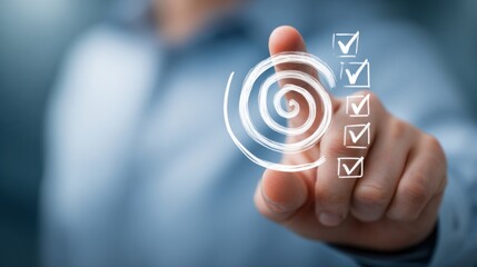 In a modern office setting, a person is pointing at a swirling checklist symbol drawn in white. The atmosphere appears focused, reflecting productivity and organization