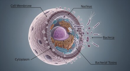 A detailed 3D visualization showing the microscopic process of pathogenic bacteria invading a biological host cell