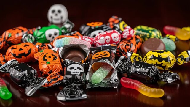 An abundance of candies and sweets in a themed wrapper for celebrating Halloween. Candies in colorful Halloween packaging. Ideal for articles and blogs about the holiday.