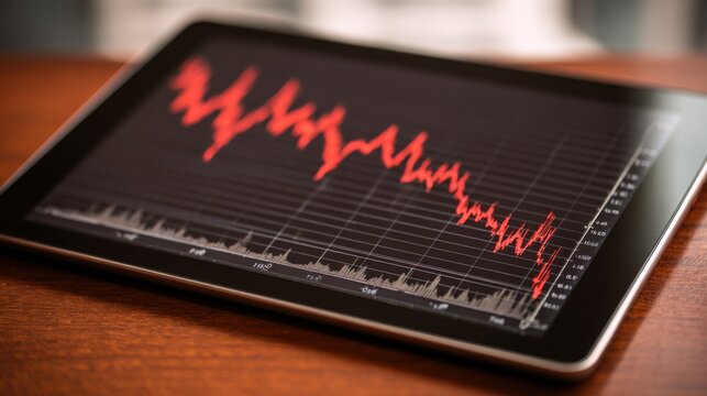 A tablet sits on a wooden surface showing a red line graph with fluctuating trends. The setting suggests a focused environment, possibly related to finance or data analytics