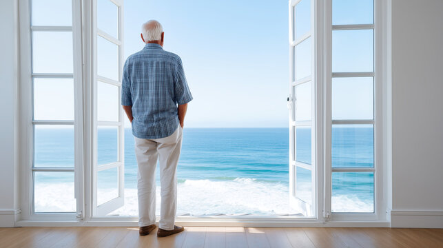 Senior man enjoying ocean view from beach house: retirement living and coastal lifestyle