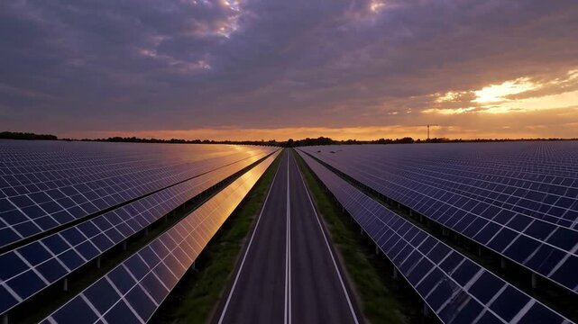 unoccupied pathway traversing array of voltaic panels during dusk