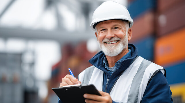 Smiling engineer taking notes on clipboard in cargo port