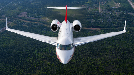 Private jet flying over green forest and city: aerial view