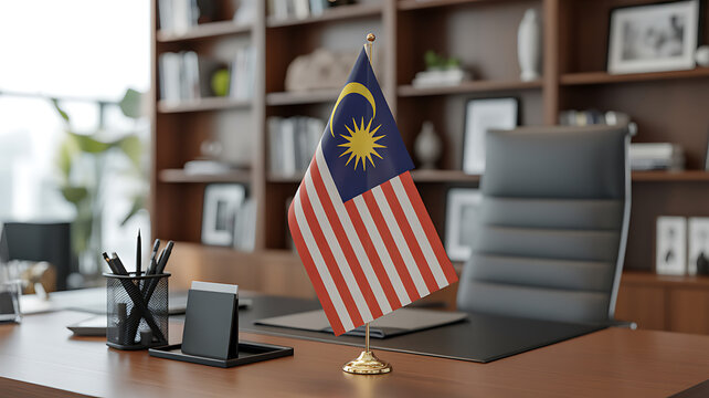 Malaysia Flag on Desk: The Malaysian flag proudly stands on an office desk, symbolizing national pride and political presence, in a professional business environment. 