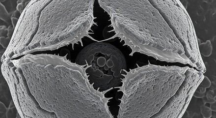 Detailed macro view of a prehistoric microorganism's crystalline shell, a complex natural structure captured with scientific imaging technology