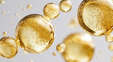 Golden oil bubbles in mid-air, translucent, and slightly textured
