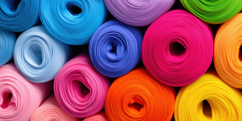 Colorful yarn spools forming a vibrant rainbow pattern