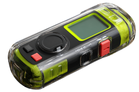 Clear protective case for a digital device. A small, rectangular, digital device is encased in a clear, protective case. The case is mostly transparent, with lime green accents.