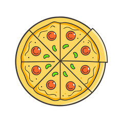 Delicious cartoon pizza with pepperoni and peppers, a slice is missing