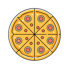 Delicious looking pepperoni pizza cut into eight slices with yellow cheese
