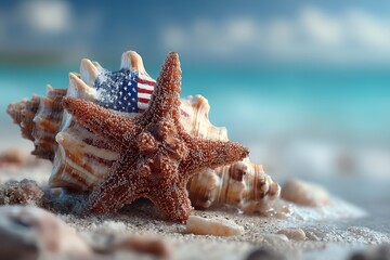 Colorful sea star and shell with American flag design on sandy beach under bright sky