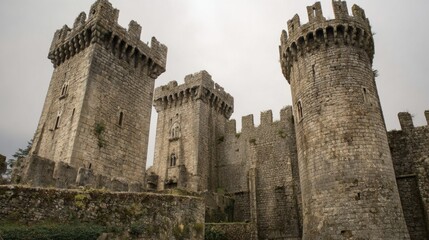Ancient stone castle featuring multiple towers and battlements stands proudly amidst lush greenery. Cloudy sky adds a dramatic touch to this historical landmark