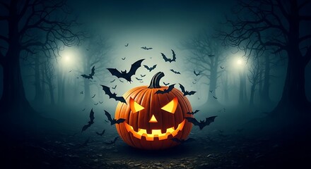 Spooky Halloween Pumpkin with Bats in Dark Forest.