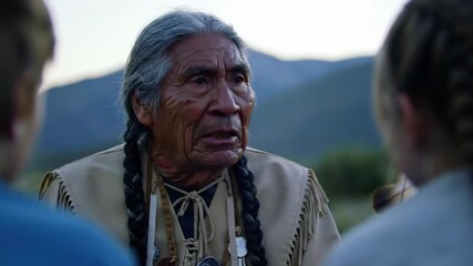 elder native american man telling story to children around campfire, outdoors with mountains in background. traditional gathering at nature. storytelling, cultural heritage
