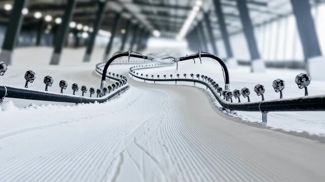 Dynamic angle following indoor ski trail with snowmaking pipes shaped to match contour of artificial hill for optimized snowfall.