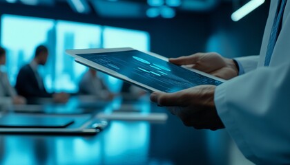 Obraz premium The image shows a person holding a tablet displaying charts and graphs, while other people are blurred in the background, sitting at a table in an office.