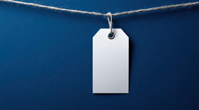 A blank white price tag hangs from a piece of light beige string against a deep blue background