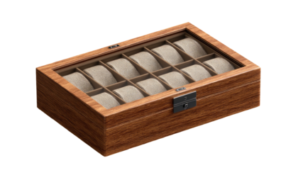 Wooden watch box with compartments.  A rectangular, light brown wooden watch box displays twelve watch compartments.  The box has a glass lid, showing the interior compartments, and a metal clasp