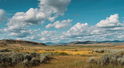 Expansive, sun-drenched prairie landscape under a vast, partly cloudy sky.  Rolling hills fade into a distant mountain range.  Dry, grassy plains dotted with low-lying shrubs